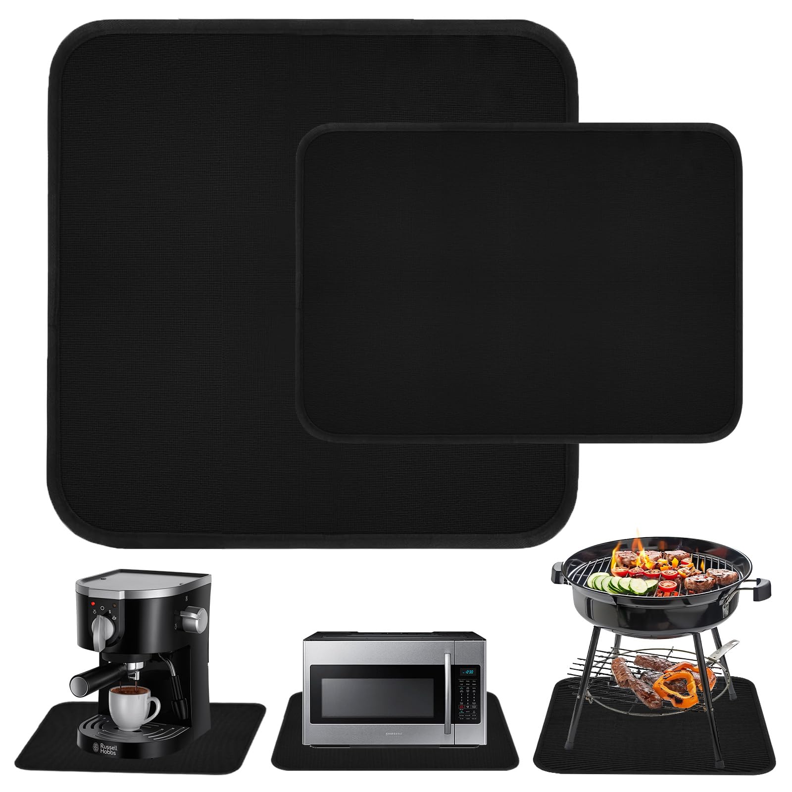 2er Set Hitzebeständige Unterlage 60x60 & 38x45cm, Hitzeschutzmatte für Heißluftfritteuse, Kaffeemaschine & Induktionskochfeld, Rutschfest & Wasserfest, Schutz für Küchenarbeitsplatte, Schwarz