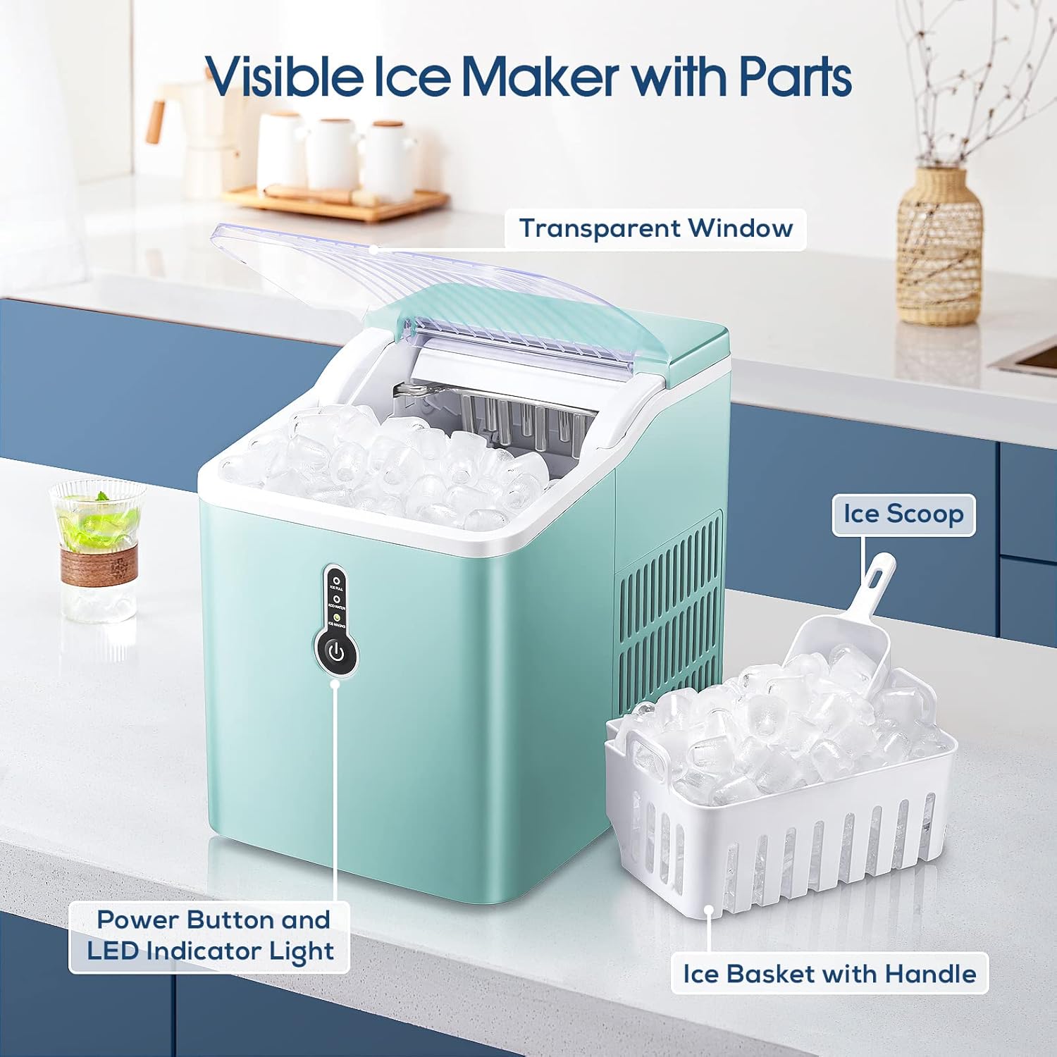 Kismile ice maker with labels for transparent window, ice scoop, ice basket, power button, and LED indicator light
