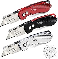 KATA 3-Pack Heavy Duty Folding Utility Knife Set - Zinc Alloy Body, Quick-Change Blades, Lock-Back, 12 Extra Blades for Boxes & Cardboard