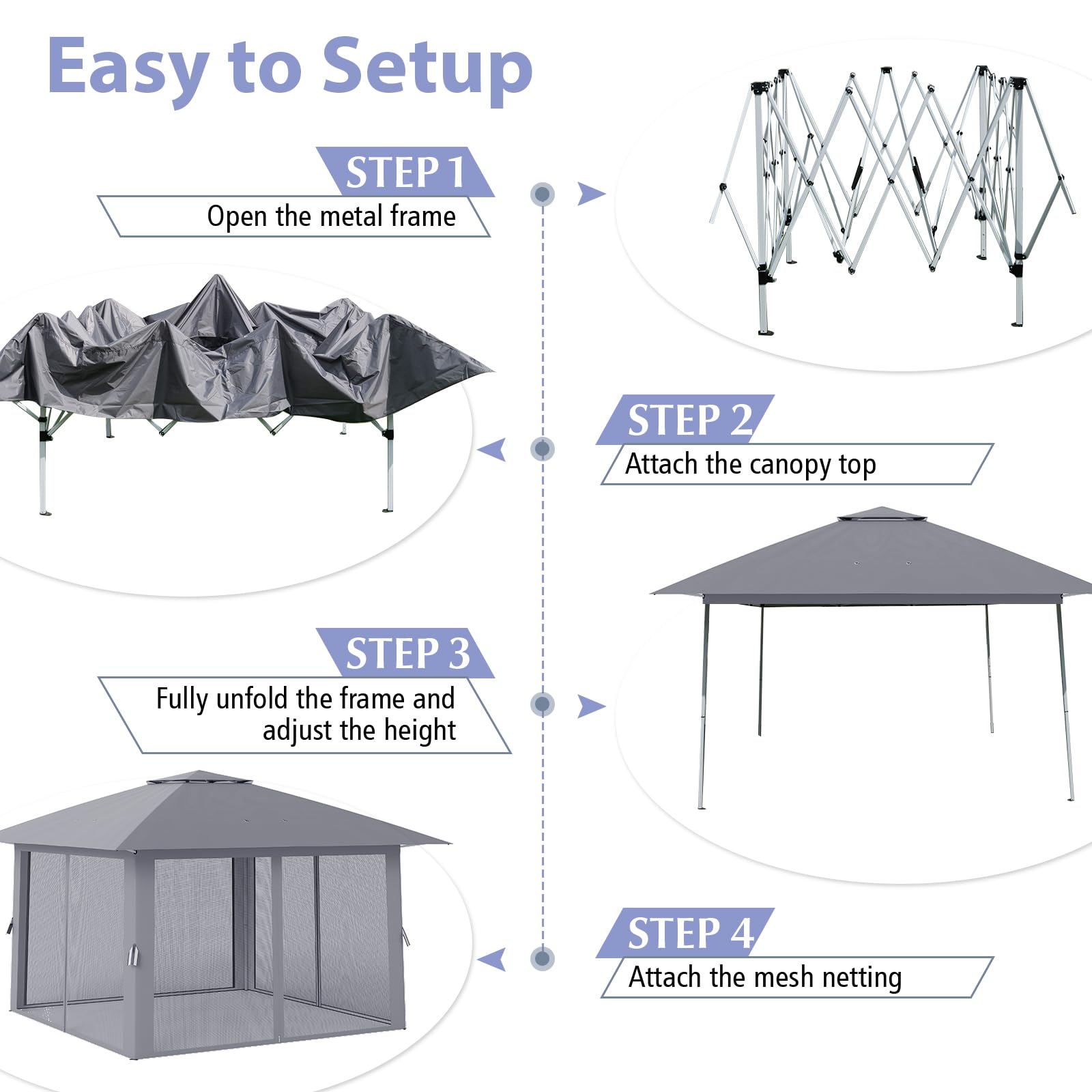 HOMASIS Gazebo con Zanzariera, Pergola 4x4 m Regolabile in Altezza, Gazebo Pieghevole e Impermeabile, Telaio in Metallo, Tenda da Esterno per Campeggio, Feste, Piscina, Grigio