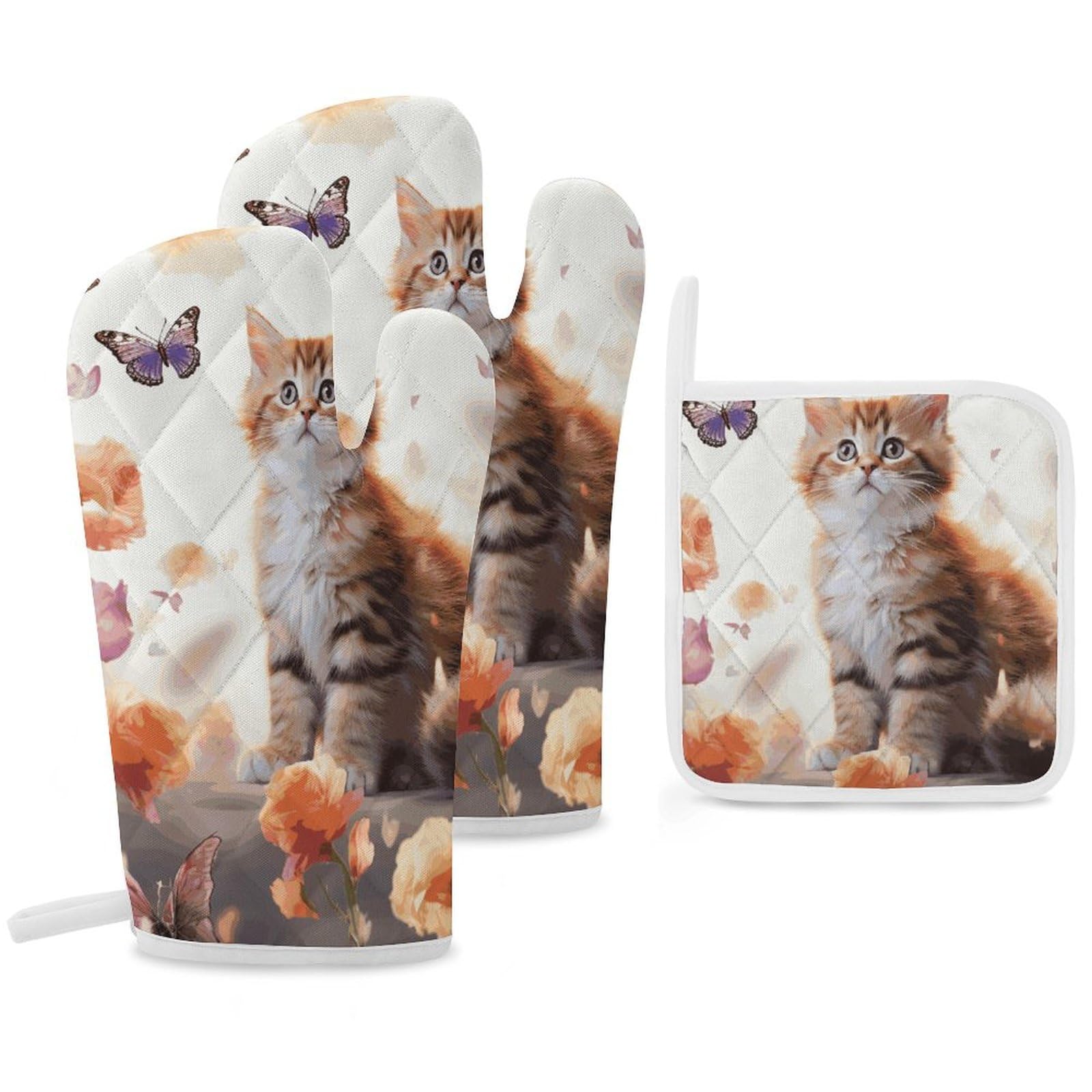 Gants de cuisine résistants à la chaleur avec maniques isolantes motif chaton mignon