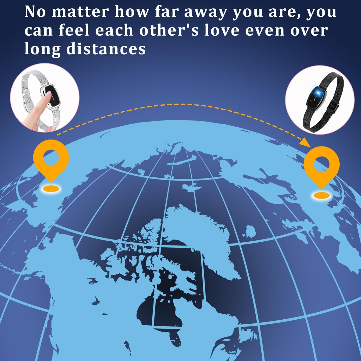 World map with two location pins connected by a dashed line, symbolizing long-distance connection.