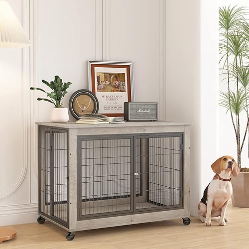 IchbinGo Muebles de madera para perros, perrera de 38.5 pulgadas con 3 puertas, apertura superior abatible y ruedas, jaula decorativa para mascotas,