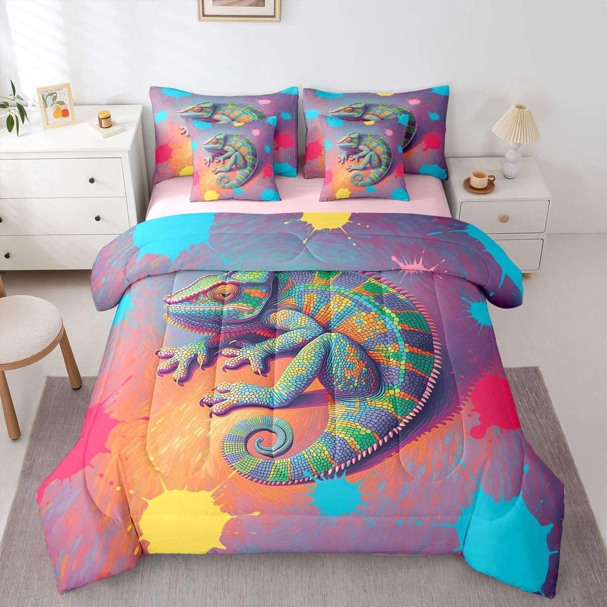 Erosebridal Colorful Chameleon Full Size Bed Sheets and Comforter Set Neon Reptile 7 Piece Bedding Set Pop Art Chameleon Bed in a Bag, Boho Artistic Themed Room Decor