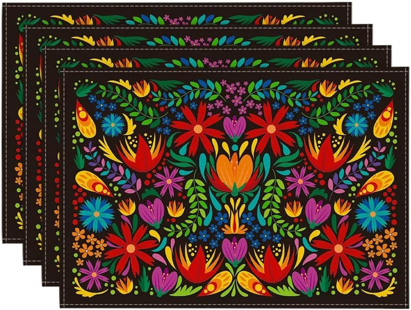4pcs Day of The Dead Skull Placemats Halloween Sugar Skull Linen Placemat Flower Heat Resistant Dining Table Place for Kitche 12x18''(4p)