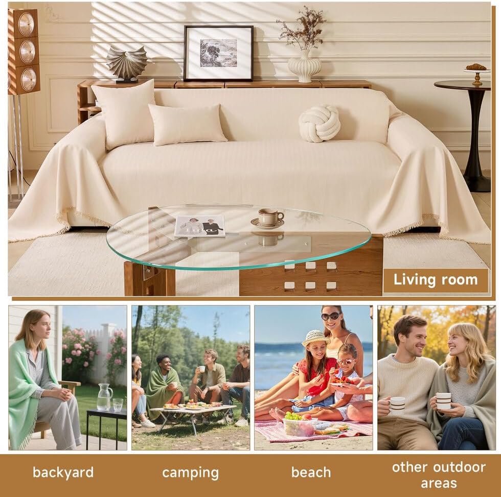 ROOMLIFE Boho Couch Covers White for 3 Cushion Sofa,Couch Cover Sectional Sofa Cover for Dog, Washable Furniture Sofa Protector Cover Soft Blanket with Tassel for Living Room, 71''X134''