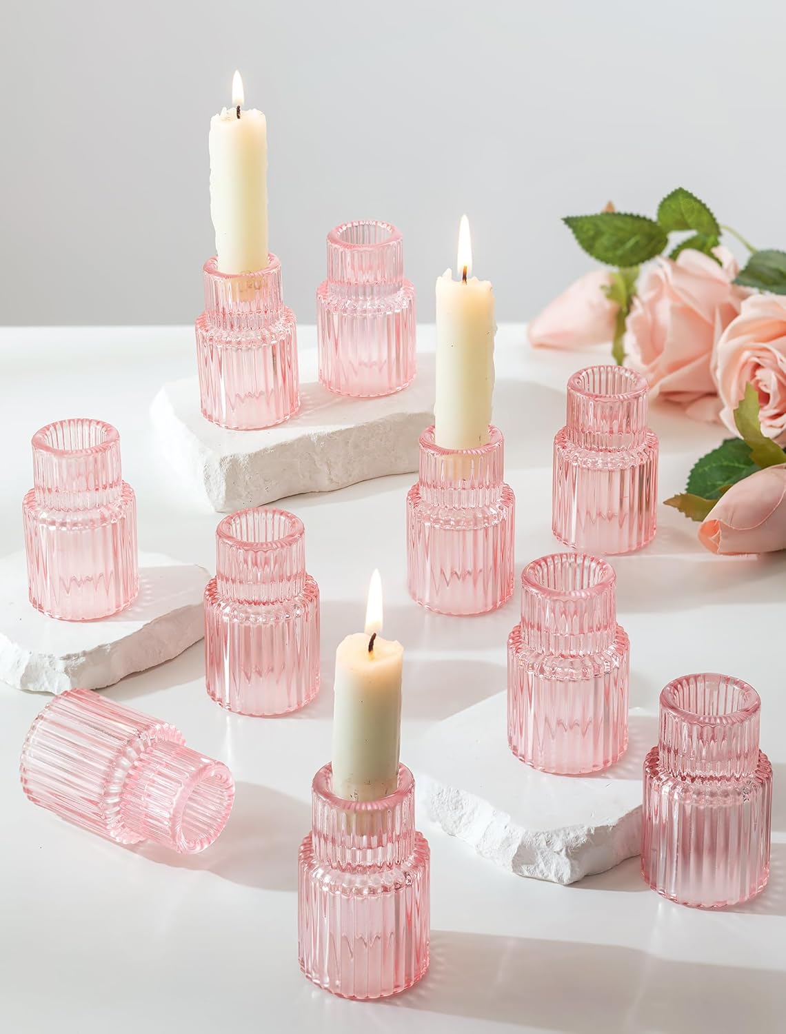 Romadedi Pink Glass Candle Holders - 10 Pcs Ribbed Candlestick Holder Bulk for Table Centerpiece Elegant Taper Holder for Wedding Birthday Party Baby Showers Valentines Mother's Day Christmas