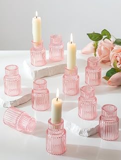 Romadedi 10-Pack Pink Ribbed Glass Taper Candle Holders, 2.76 in | Pink Glass Holders Bulk with a Modern Ribbed Design; Fit 0.87" Taper; Centerpiece for Wedding, Baby Shower, Valentine's Day