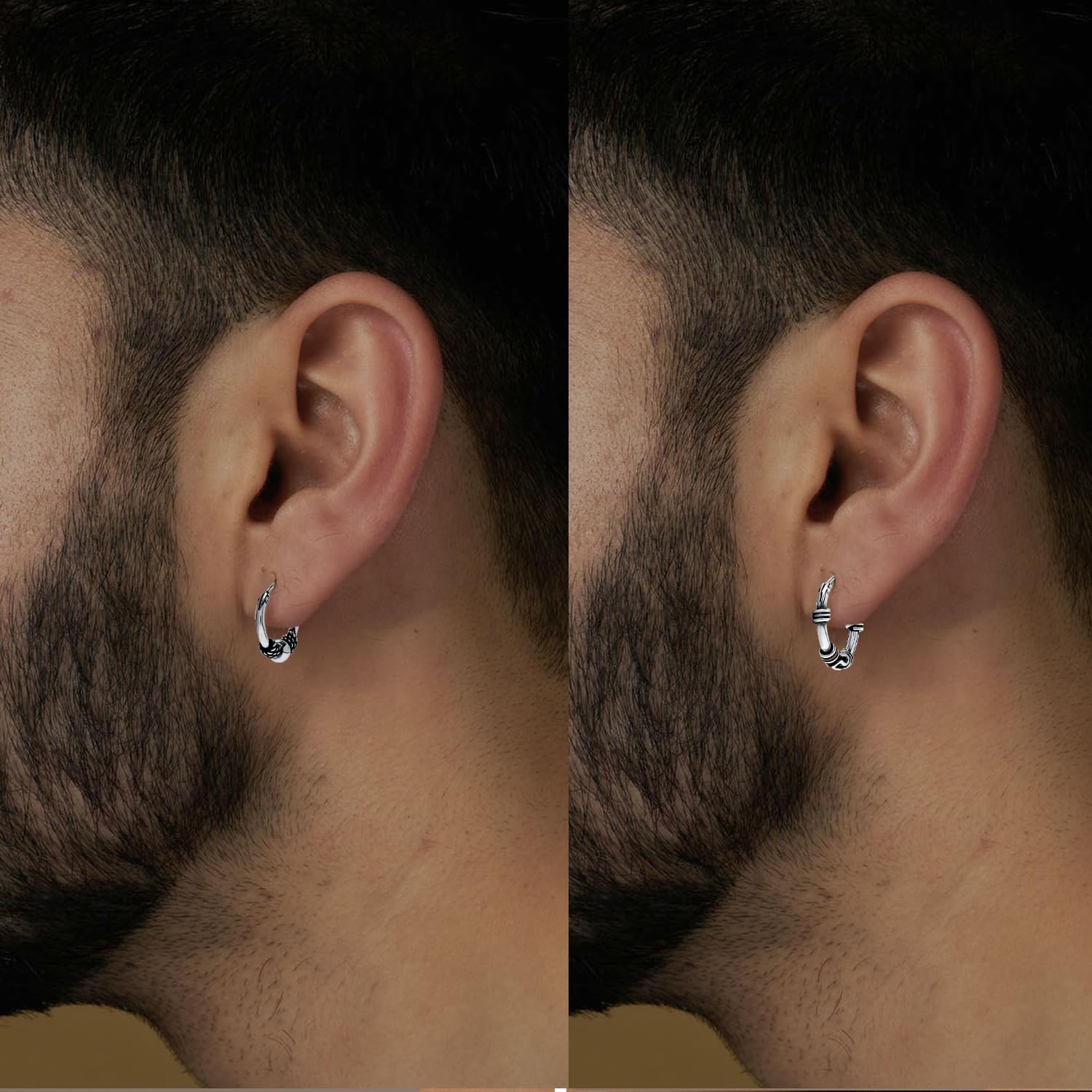 LeCalla 925 Sterling Silver Set of 2 Pair Bali Hoop Earrings for Men | Antique Balinese Hoop Earring for Men | Oxidized Balinese Endless Hoops Earrings | Tribal Inspired Cartilage Hoops Earrings (15MM, 16MM)