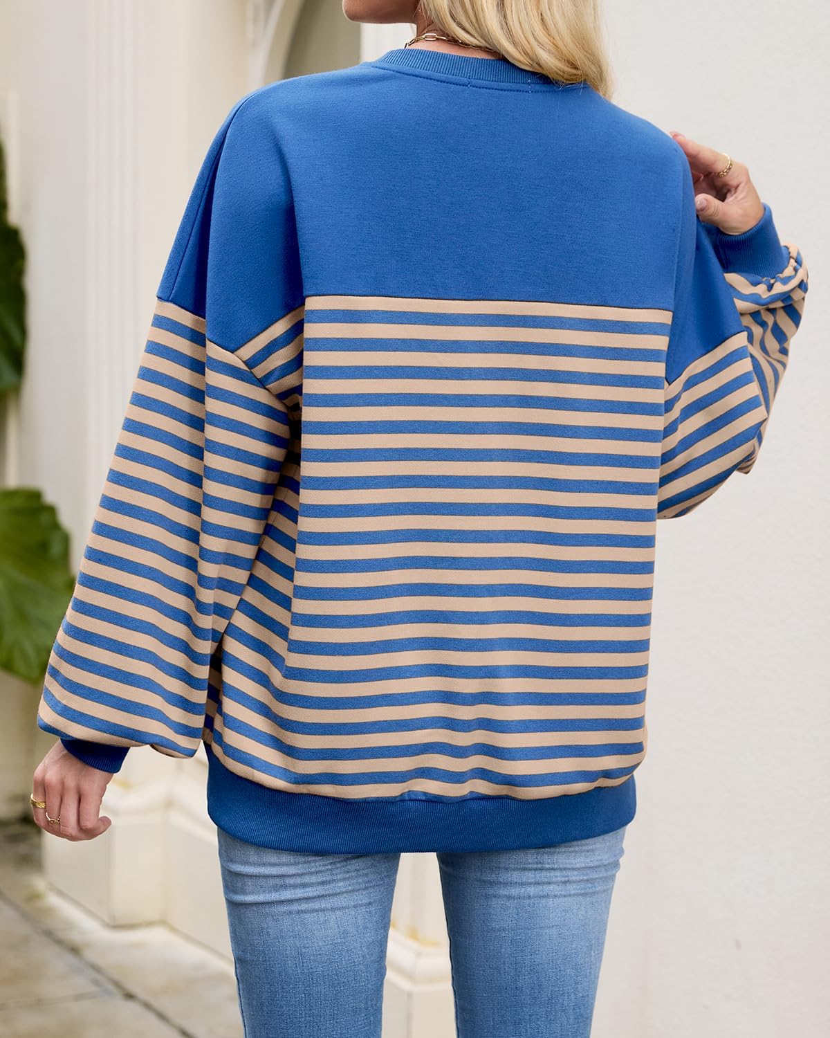 HEYTALALA Womens Oversized Striped Sweatshirts Y2K Long Sleeve Crewneck Sweater Color Block Drop Shoulder Loose Pullover Tops - Image 4