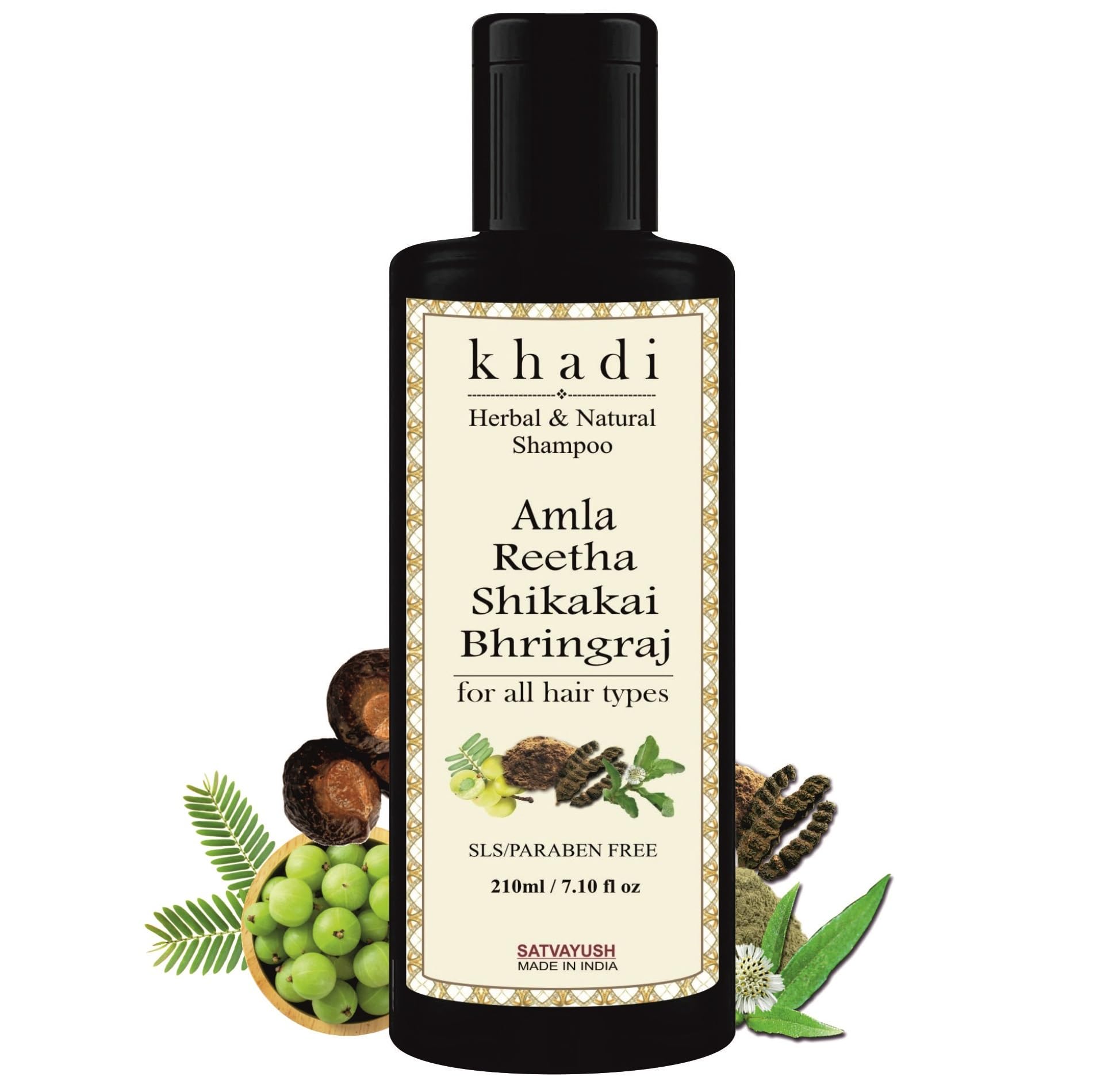 SatvayushKhadi Amla Reetha Shikakai Bhringraj SLS-Paraben free Ayurvedic Shampoo Anti Dandruff -210 ml