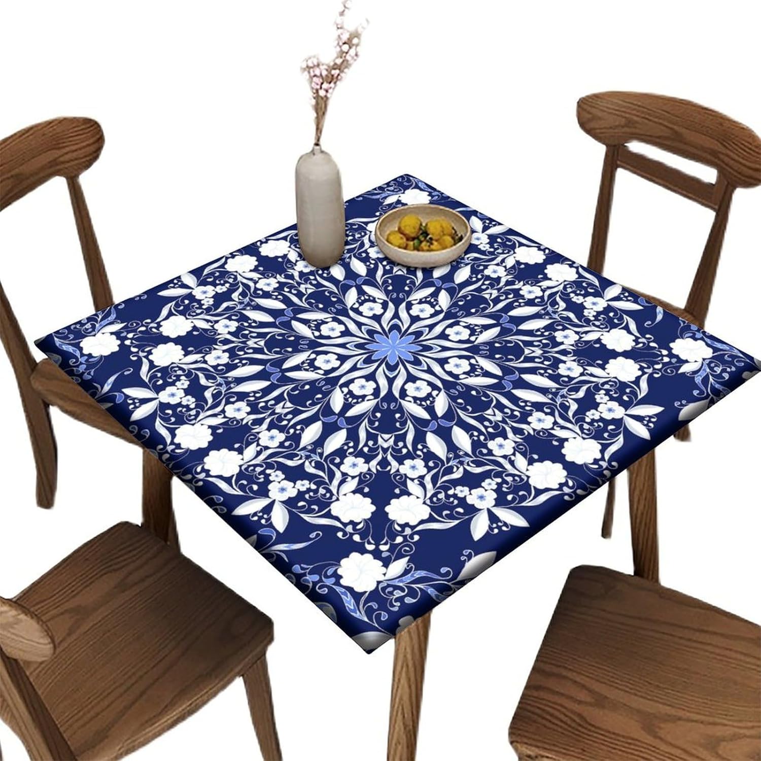 Elastic Edge Fitted Tablecloths, Flower Pattern Printed on Stain Resistant Polyester Table Cover, for Living Room Terrace Party Washable, Fit for 60" x 60"Square Table