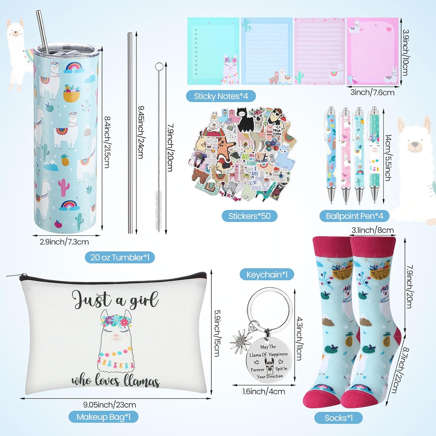 Vesici 13 Pcs Llama Gifts for Girls Llama Lovers Stuff for Girls 20 oz Tumbler with Lid and Straw Cute Makeup Bag Socks Sticky Notes Ballpoint Pens Stickers Keychain Set for Birthday Christmas Gifts - Image 2