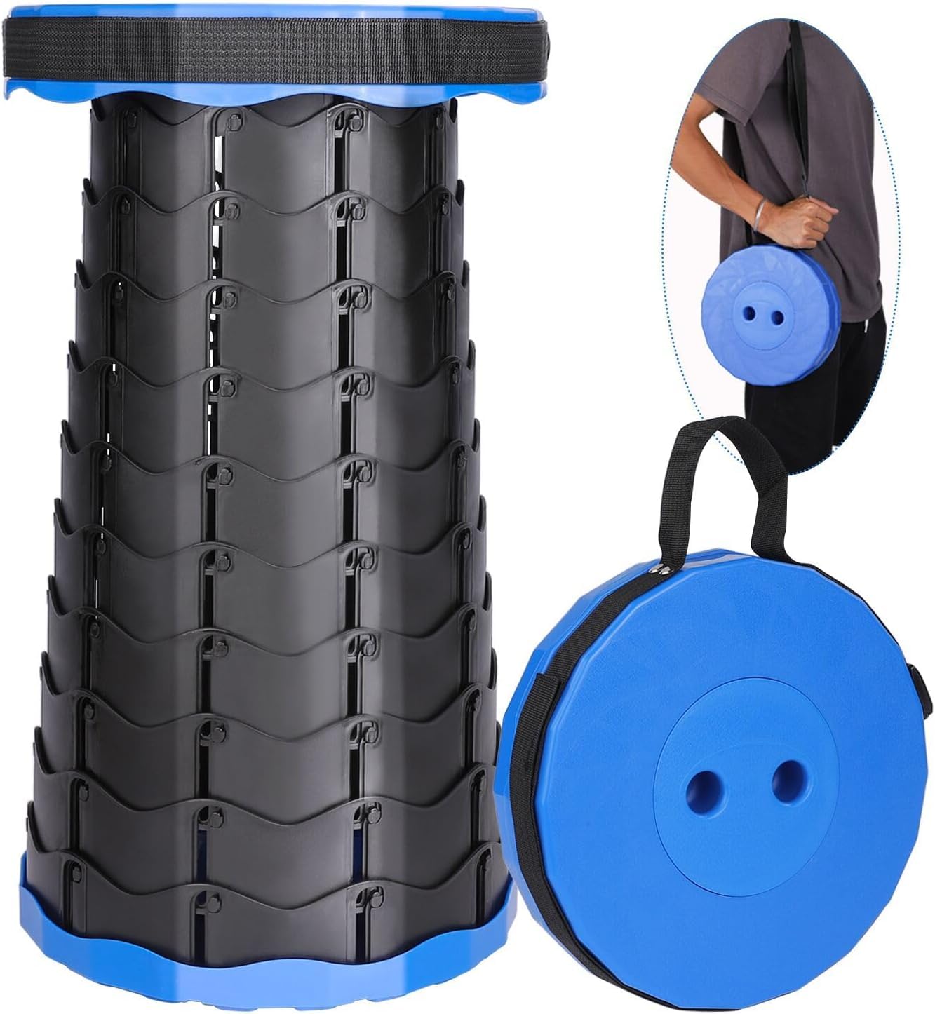 COSHANO Taburete Plegable portátil para Camping, Pesca, Senderismo, Barbacoa, jardín, telescópico Altura Ajustable Redondo 180kg (Azul Electrico)