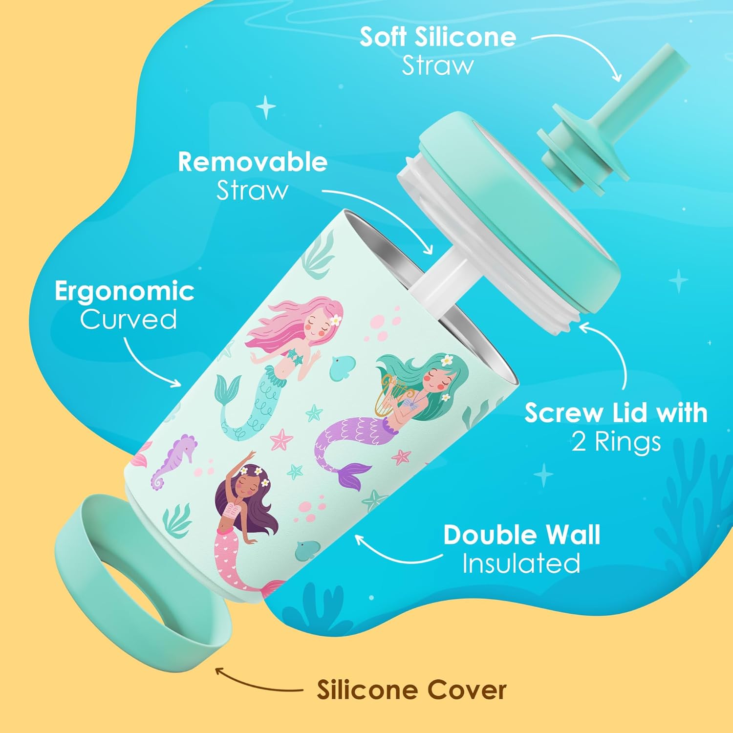 Kid Insulated Stainless Steel Tumbler with Silicone Straw, 12oz Sippy Cup for Kids (Magical Mermaids) - Image 3