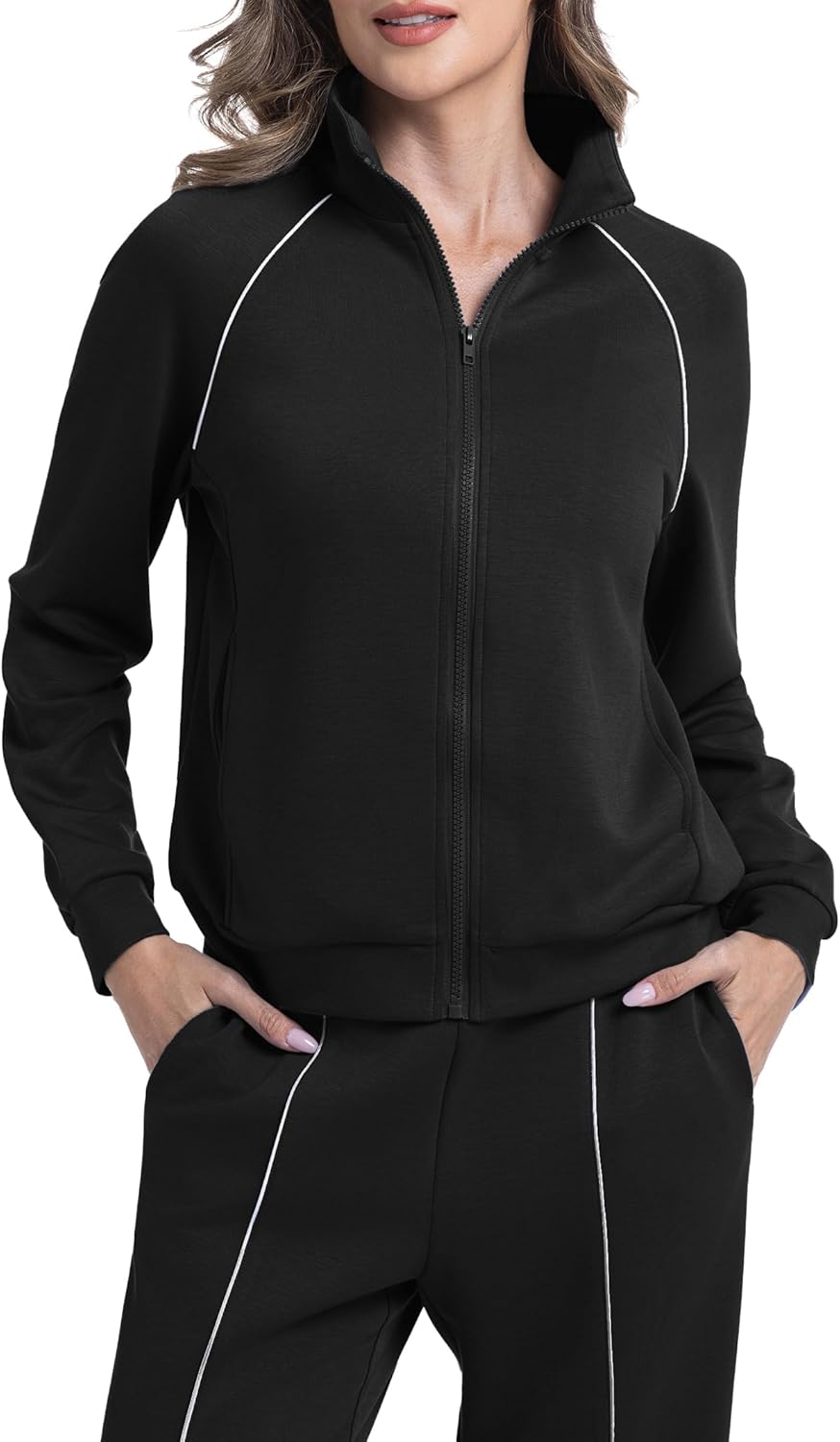 Casly Lamiit Womens 2 Piece Outfits 2025 Fall Casual Zip Up Sweatsuits Lounge Set Travel Wide Leg Pants Striped Tracksuit - Image 2