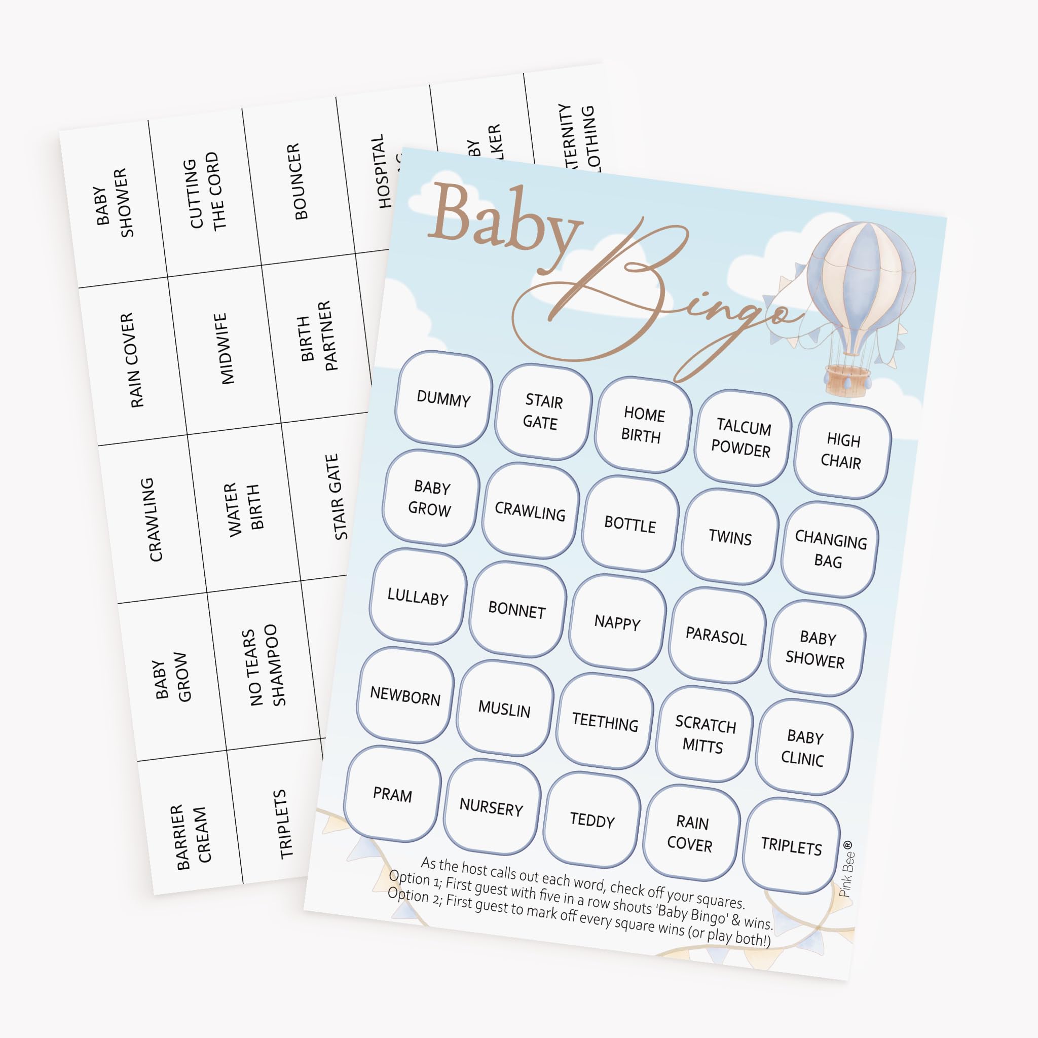 Pink Bee Baby Shower Bingo Game in Hot Air Balloon Theme; Up, Up and Away in Pastel Blue and Cream for Boys, Fun Activity (20 Player)