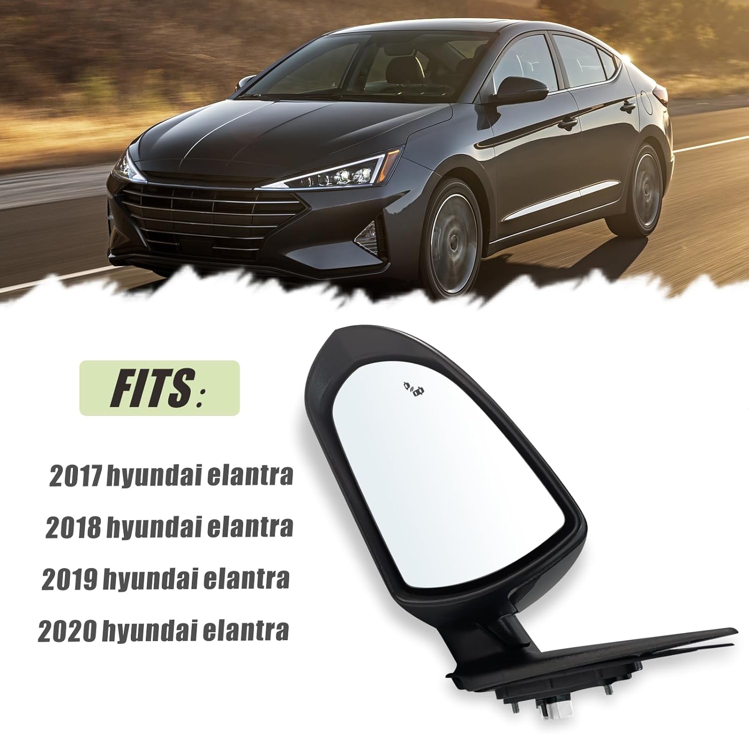 Left Driver Side Mirror Compatible With 2017 2018 2019 2020 Hyundai Elantra With Power Glass Heated Blind Spot Black Replace#87610F3020 (7Pins)