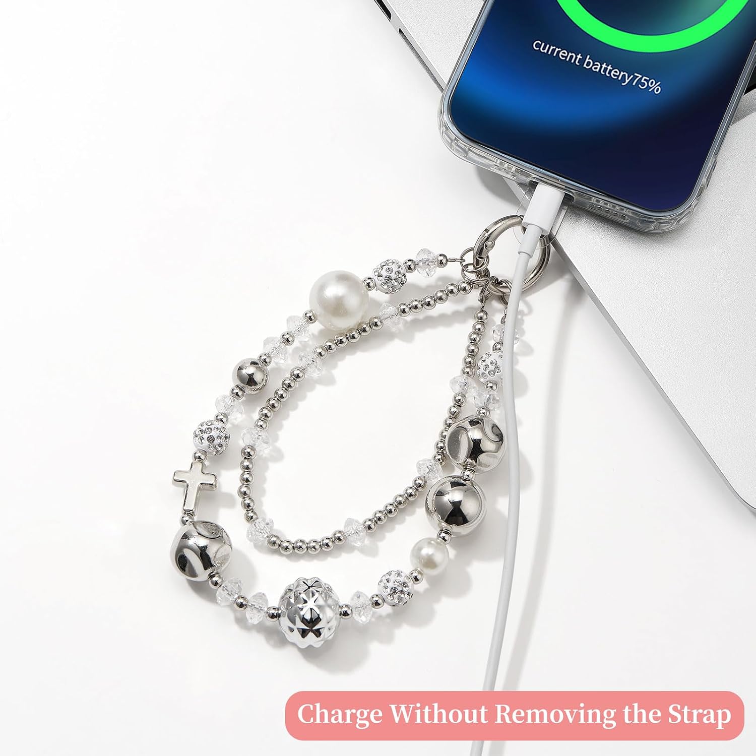 WOZEAH Phone Charm for Women, Beaded Wrist Strap Lanyard with Tether Tab – Anti-Theft Hands-Free Detachable Phone Chain Wristlet image 4