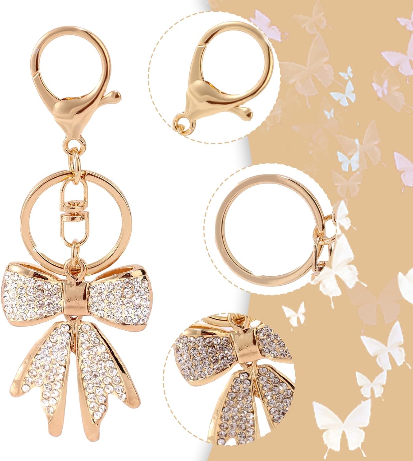 Rhinestone Bow Keychains for Women, Gold Elegant Bow Bag Charm Sparkly Bowknot Keyring for Purse Handbag Car Keys - Image 4