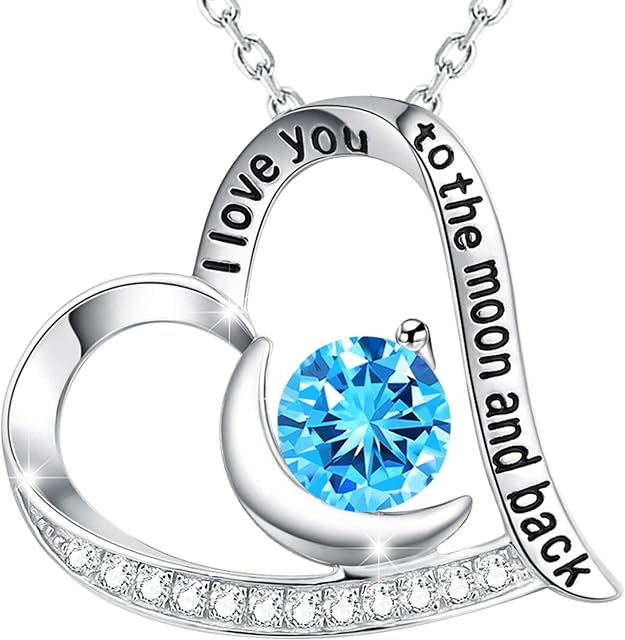 GinoMay Birthstones Necklace Women I Love You to the Moon and Back Jewellery Aquamarine Necklace Emerald Blue Sapphire and More Stones 925 Sterling Silver, Mother's Day Jewellery