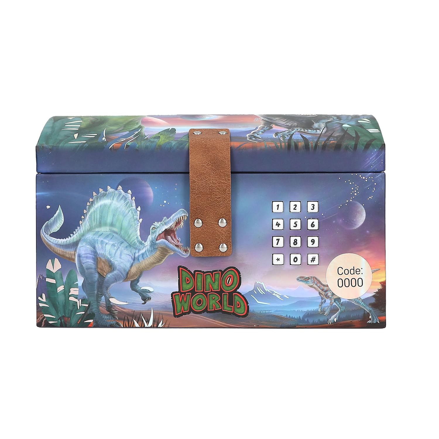 Depesche 13441 Dino World - Scrigno del tesoro con design a forma di dinosauro e pianeti, contenitore con codice, suono e luce