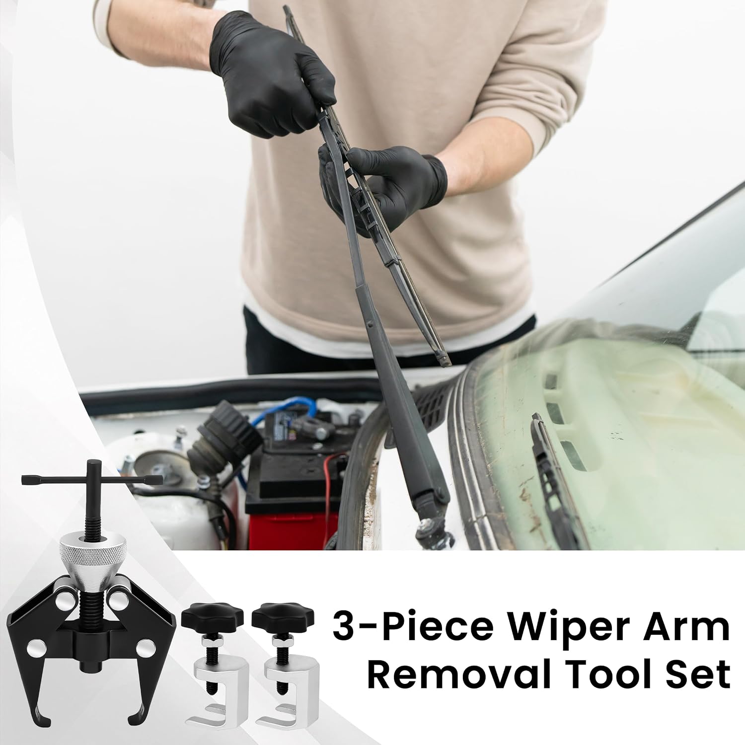Windshield Removal Tool Set, 3 Pcs Universal Heavy Duty Wiper Arm Puller, Labor-Saving and Deformation-Resistant, with Anti-Slip Knob, Adjustable Jaw, and Precision Thread, for Most Car Truck SUV RV