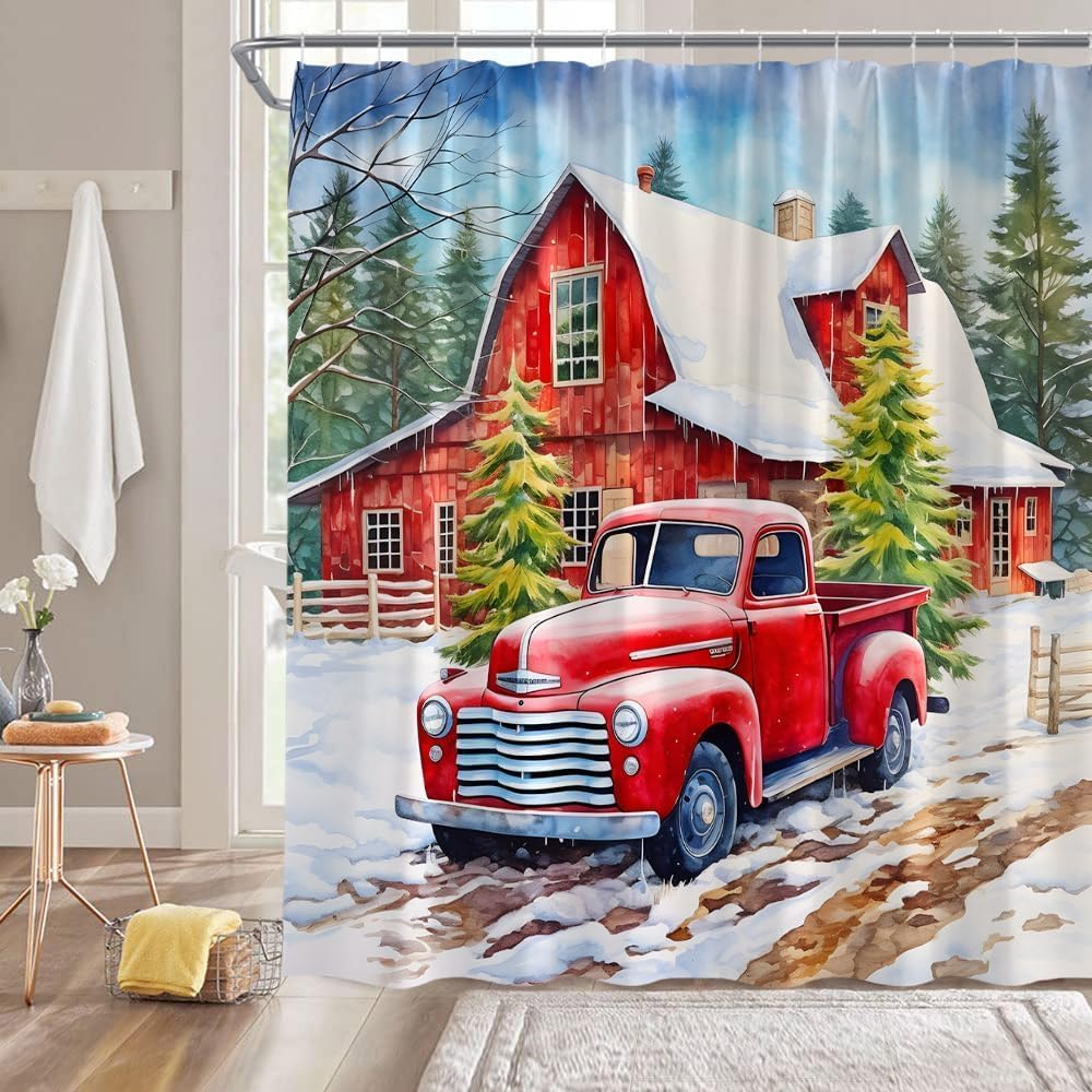 Winter Christmas Shower Curtain Retro Red Truck Rustic Farmhouse Barn Xmas Tree Forest Snowflake Western Farm Winter Holiday Nature 70x96(WxH) Inch Bathroom Decor Fabric Curtain with Hooks