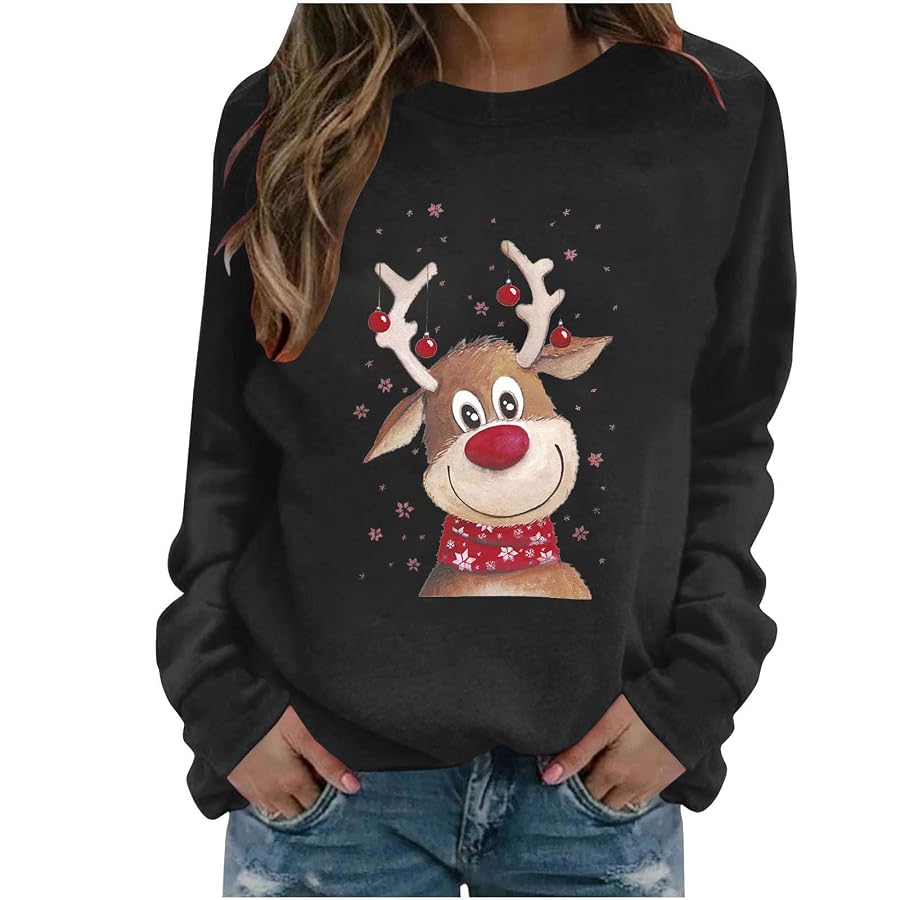 Christmas Jumpers Women Print Funny Sweatshirt Xmas Ladies Long Sleeve Tops | Generic Black L Winter Warm Jumper Reindeer Graphic Festive Sweatshirts Novelty Casual Top Crew Neck Pullover, image 6