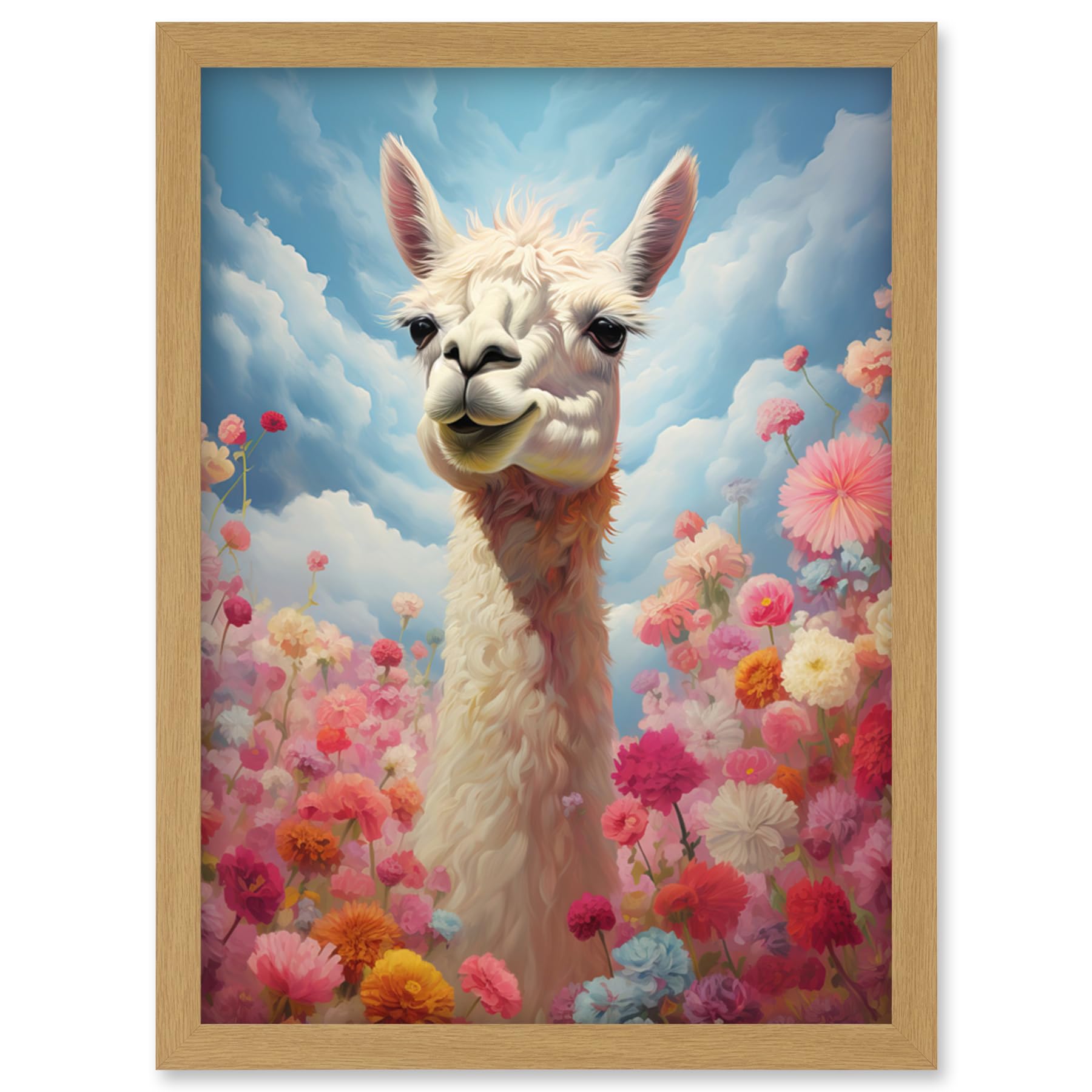Artery8 Happy Llama Peeking Head Over Pink Flowers Bright Colourful Artwork Kids Bedroom Dreamy Spring Meadow Artwork Framed Wall Art Print A4