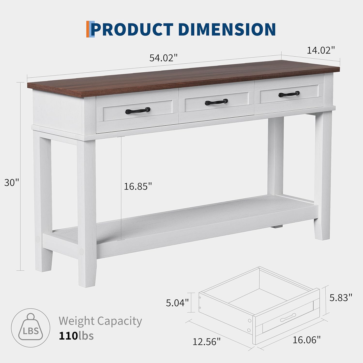 garveehome entryway table, console table with 3 storage drawers, 3 tier farmhouse wooden sofa table, hallway tables for entryway, living room, brown and white