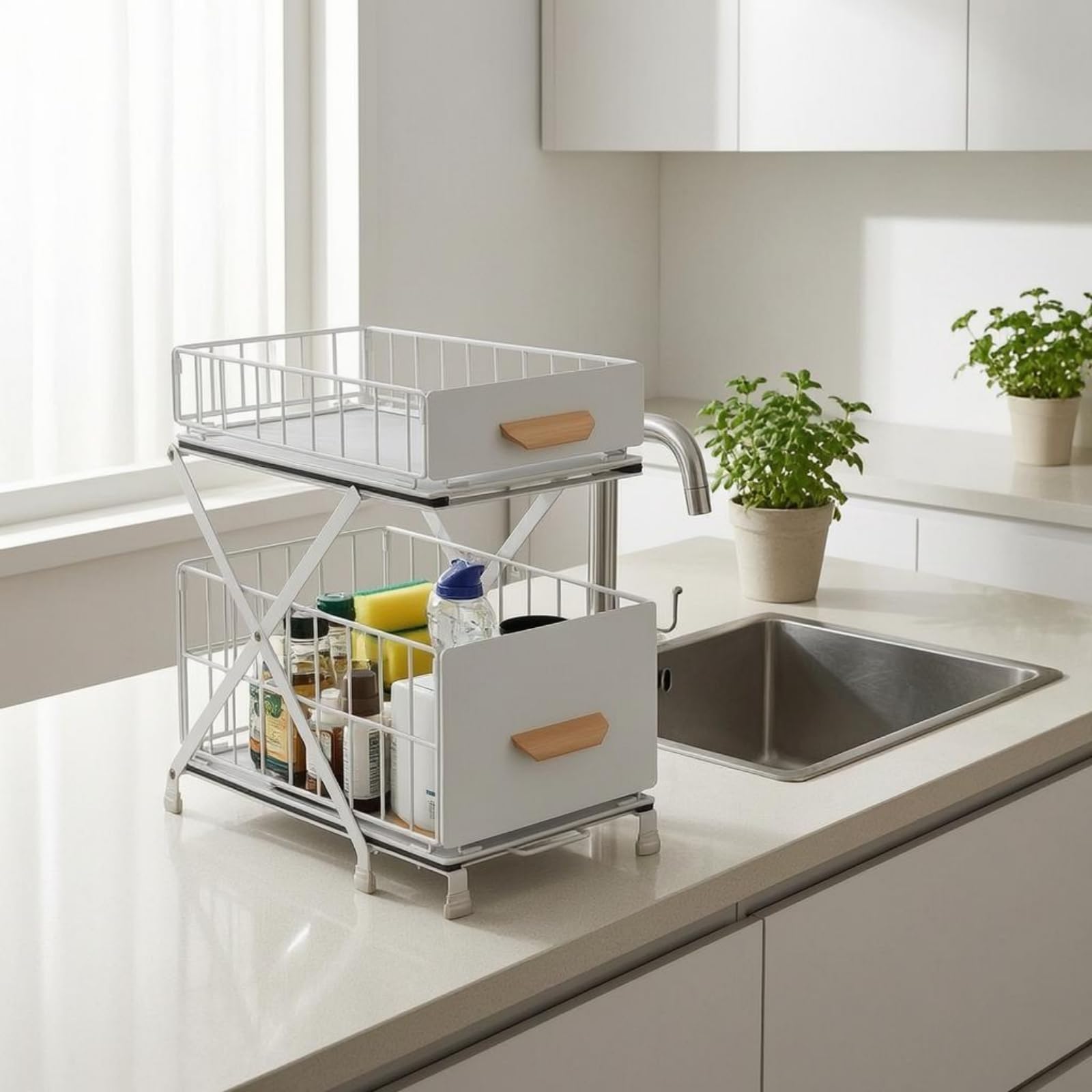 Organizador Fregadero 2 Niveles Ajustable Estante bajo Fregadero Bandeja Extraible Organizador Extraíble, Estante De Fregadero De Doble Capa Elevable, Blanco, 40 Cm De Largo