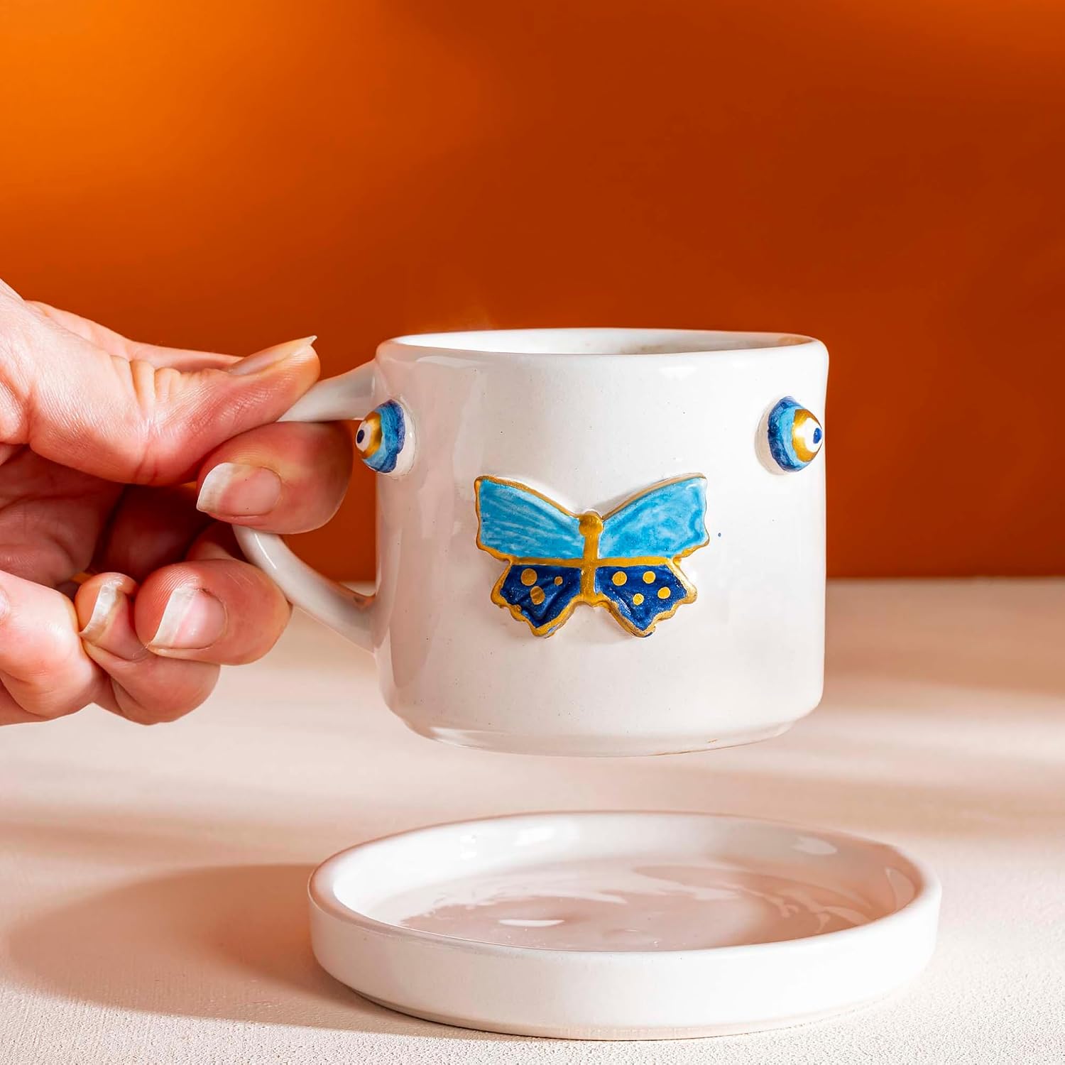 Handmade Double Coffee Mug with Heart Design | Ceramic Coffee & Tea Cup for Latte, Espresso & Cappuccino | Cute Gift Mug for Women, Men, Couples & Everyday Home Use (Butterfly)
