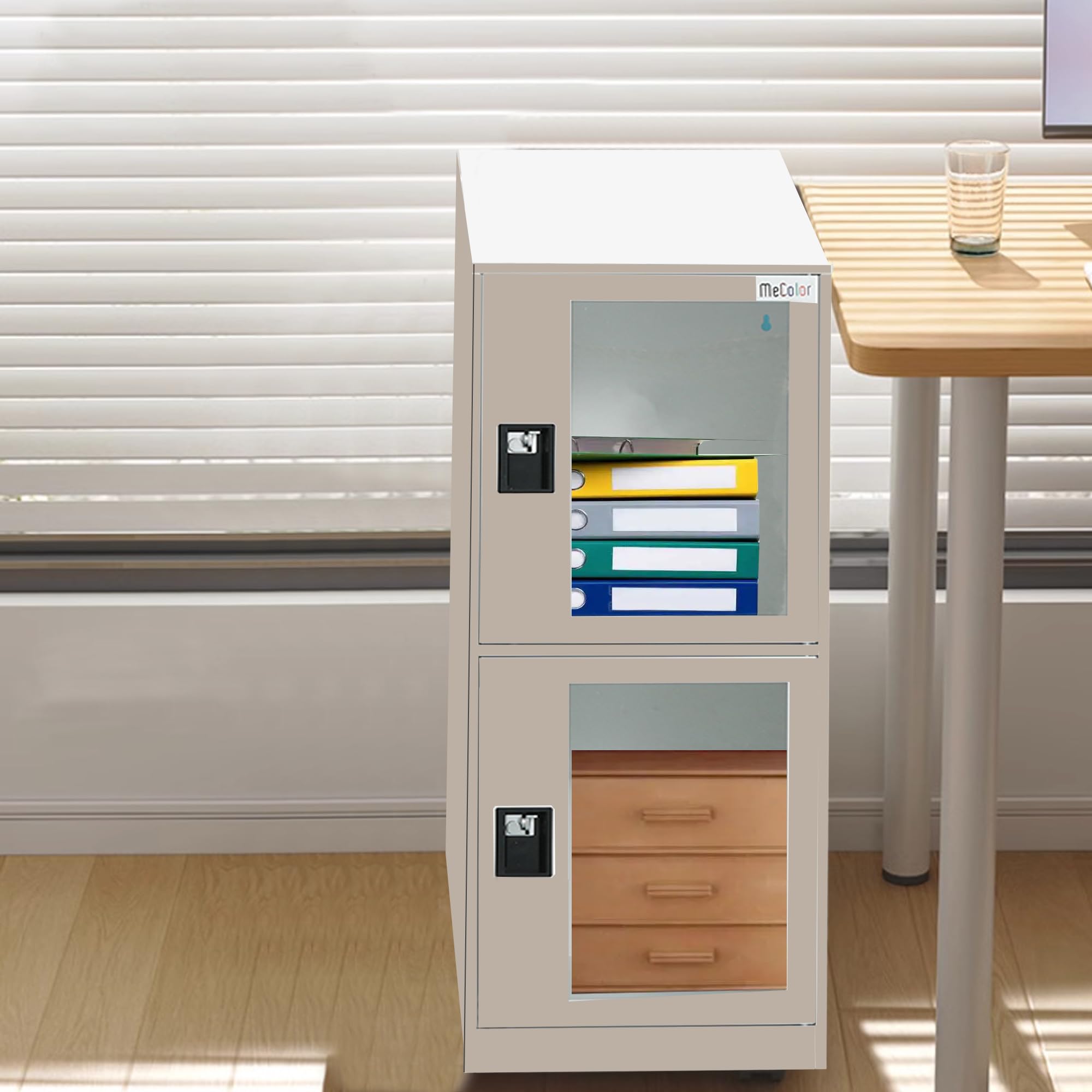 MECOLOR Schrank mit Vorhängeschloss, Büro Aktenschrank mit 2-Glastüren, abschließbarer Nachtschrank im Schlafzimmer, Metallschrank im Wohnzimmer (G2V-FWH)