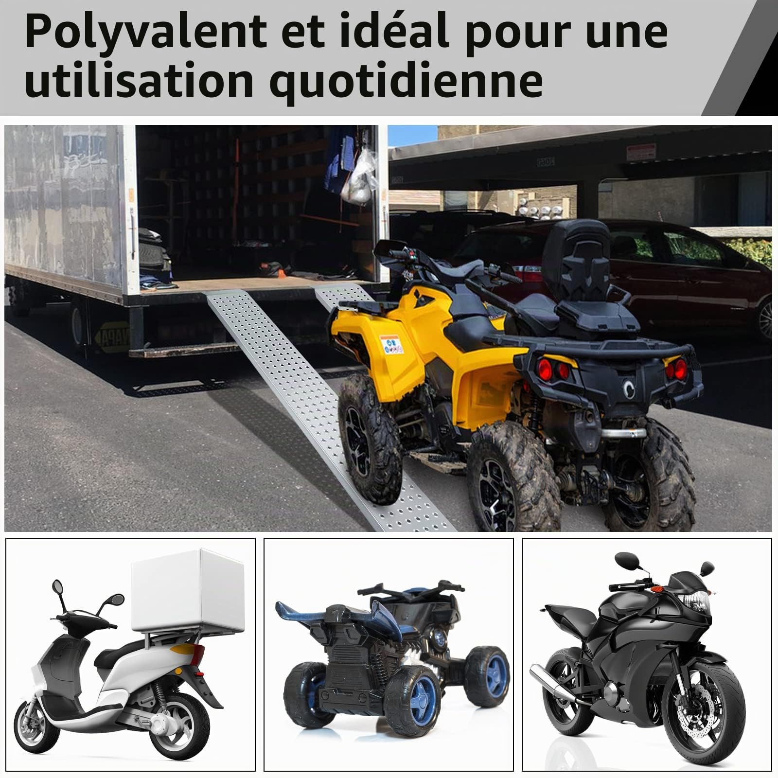 Randaco Lot de 2 rampes de chargement pliables - 400 kg - Antidérapantes - 160 x 23,5 x 4 cm - Pour moto, tracteur de pelouse, voiture