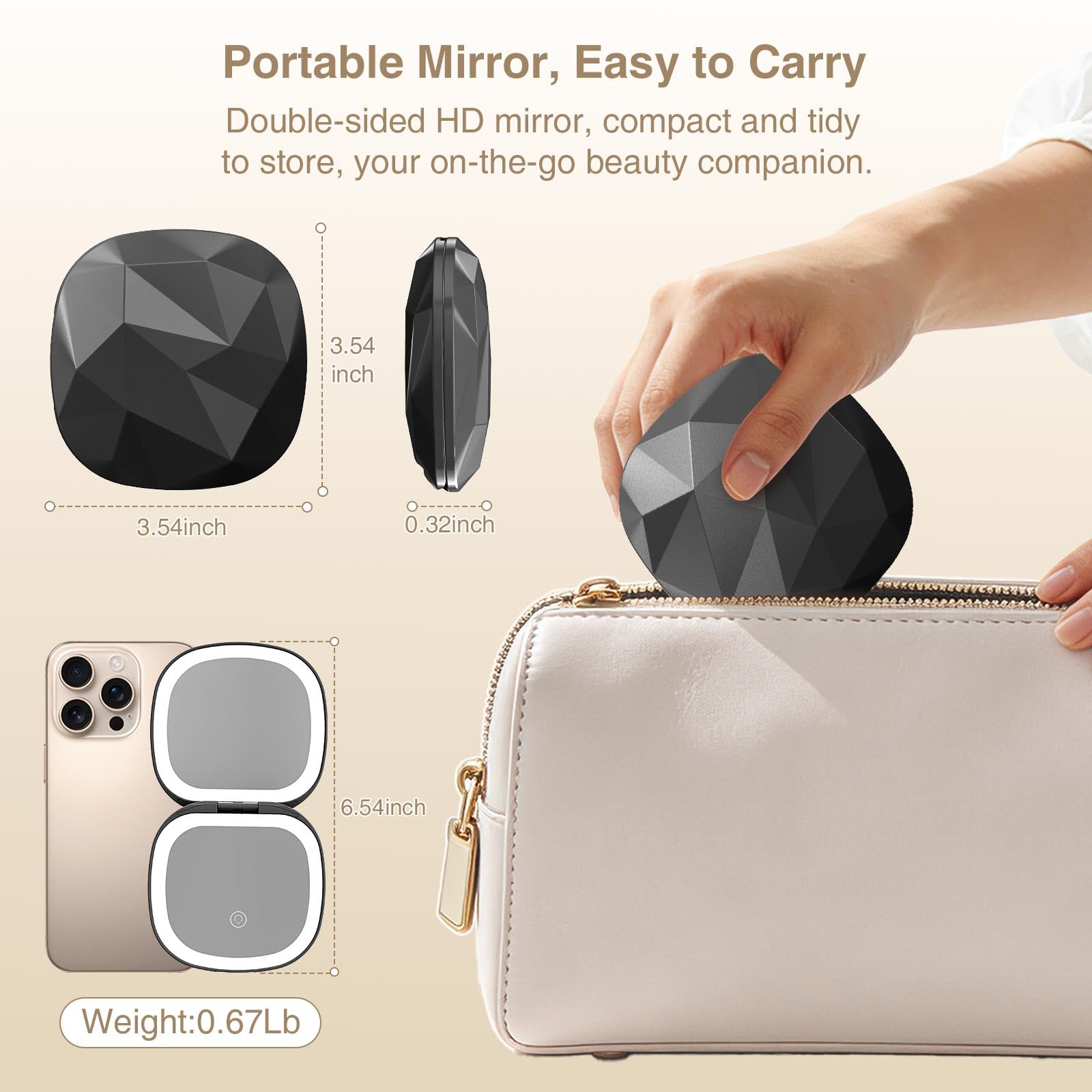 Specchio da viaggio per il trucco con luce, ingrandimento 10X/1X, specchio compatto per borsa, portatile su entrambi i lati, pieghevole, tascabile, LED dimmerabile e ricaricabile tramite USB