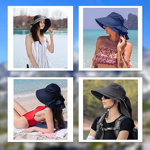 Miniatura 6 de ZEXIAN Sombrero de sol para mujer UPF 50+ ala ancha y agujero para cola de caballo, sombrero de safari de senderismo con solapa para el cuello