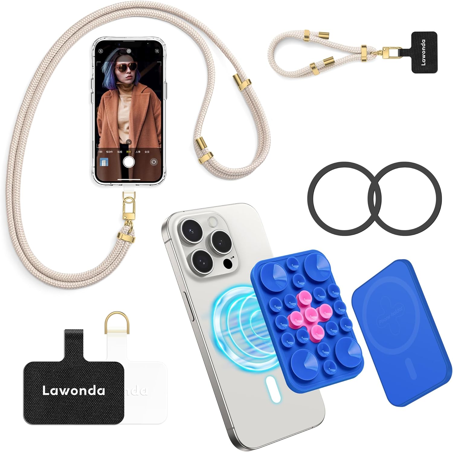 2 Pads Phone Lanyard Adjustable Crossbody Cell Phone Neck Strap + Magnetic Suction Cup Phone Mount for MagSafe Case