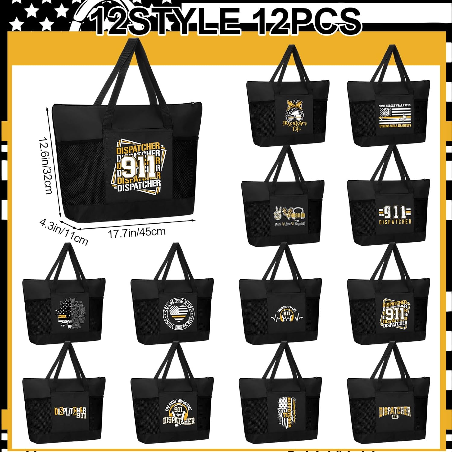 Gilprop 12 Pcs 911 Dispatch Gifts Bulk Dispatch Appreciation Week Gift 911 Tote Bags with Mesh Pocket for Women Staff Coworkers