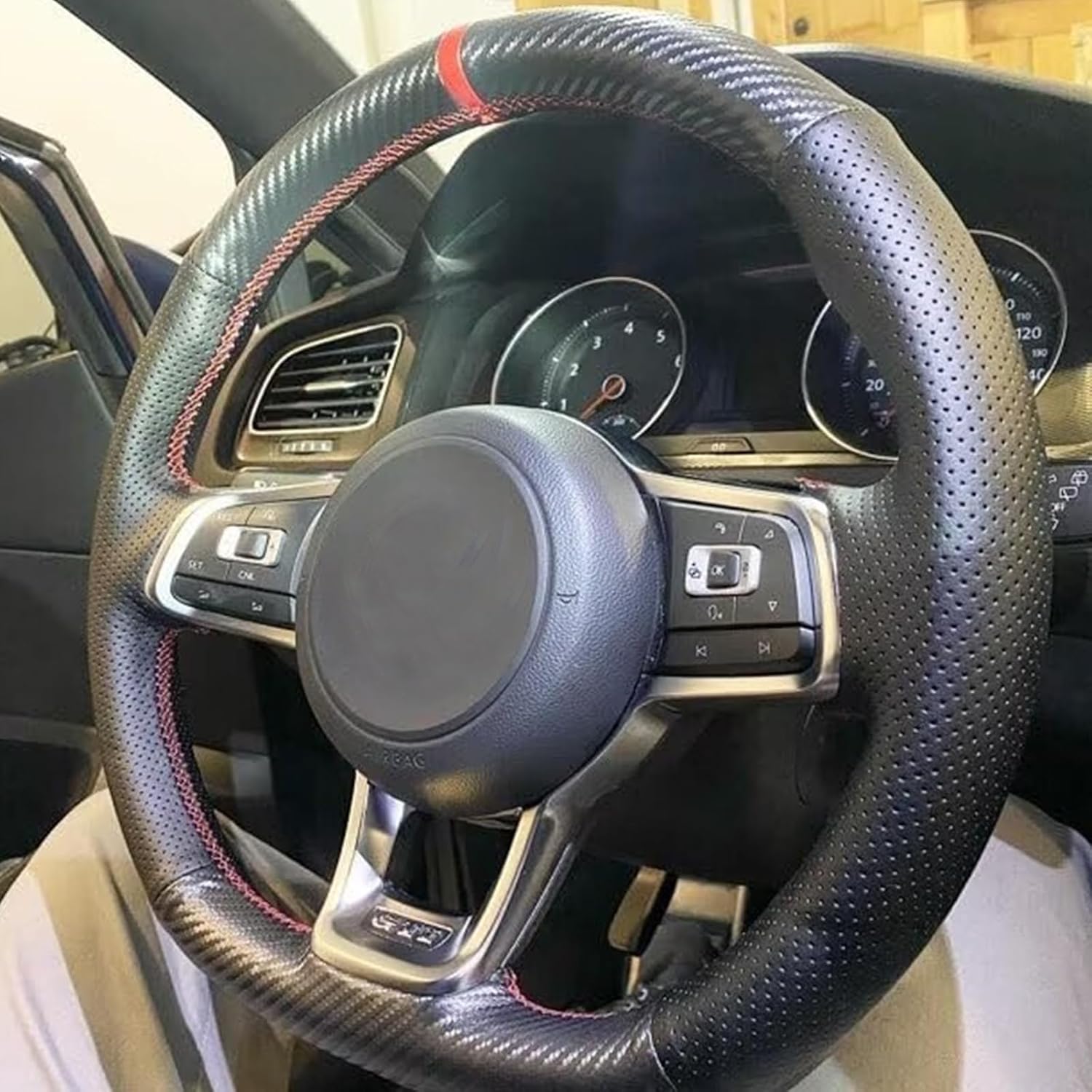 Loncky Auto Custom Fit OEM Black Genuine Leather Suede Steering Wheel Covers for Volkswagen Jetta GLI 2015-2021 / VW Golf R 2015-2019 / VW Golf 7 MK7 Golf GTI 2015-2021 Accessories