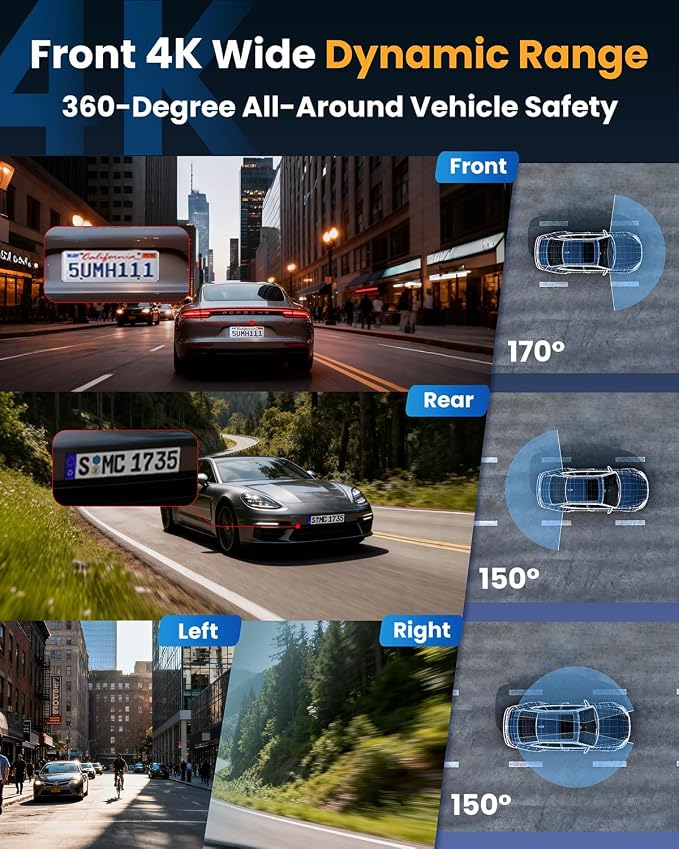 Dash Cam 360° 4K+1080P Car Cámara WiFi App Night Vision miniatura 3