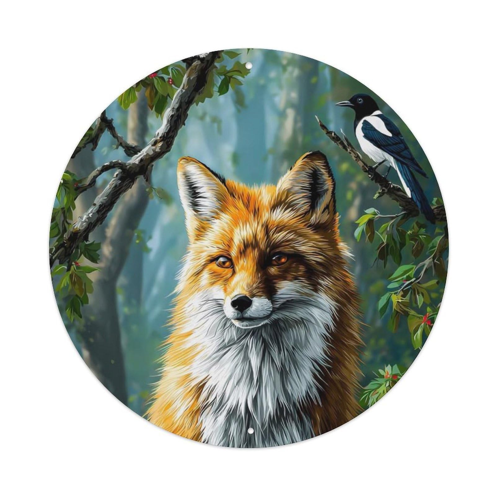 Animal Red Fox Magpie Fluffy Misty Lush Forest Vintage Metal Tin Sign Plaque Wall Decor for Cafe, Club Bar, Office, Garden Metal Poster 8x8Inch