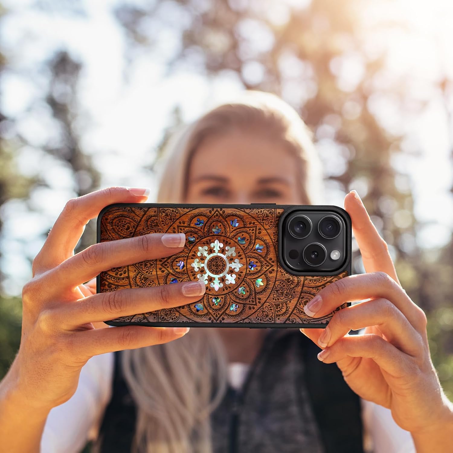 Carveit Magnetic Case for iPhone 16 Pro Max Case, Wood Artisan Engraved & Handmade Shell Inlaid, TPU Shockproof Cover, Compatible with MagSafe Wireless Chargers (Mandala Floral) Rosy