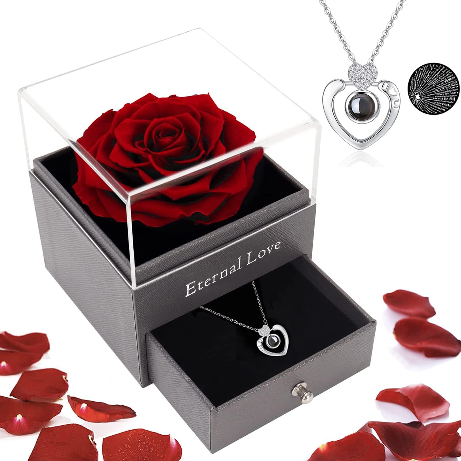 MiKoom Preserved Rose for Her Real Red Rose with I Love You Necklace in 100 Languages, Enchanted Flowers Romantic Gift for Women Girlfriend Mom on Birthday Valentine's Day Christmas