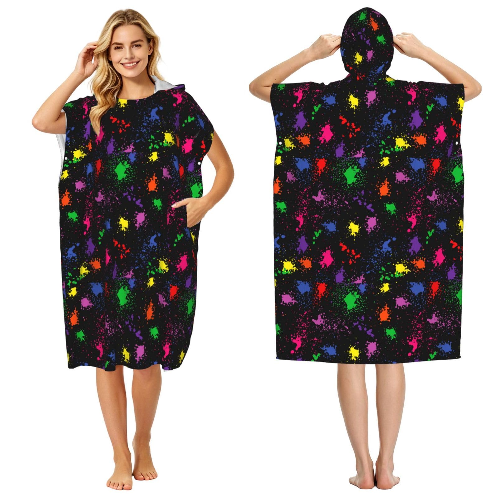 Poadnly Rainbow Splatter Neon On Dark, Adult Hooded Beach Towel 90 x 110 cm,Changing Bath Robe, Surf Poncho Towel For Women Men
