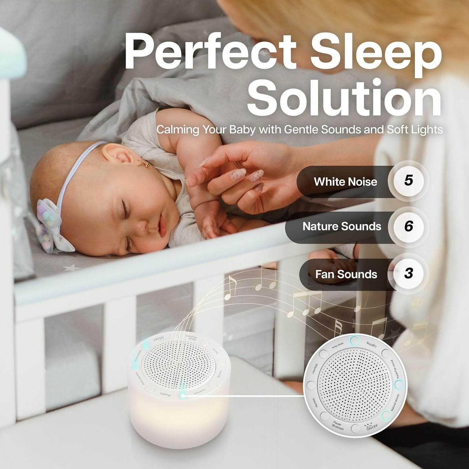 Sealy Sleep Sound Machine on a table next to a person using a smartphone, with text 'Effortless Pairing' and 'Hassle-Free Bluetooth Connectivity'.