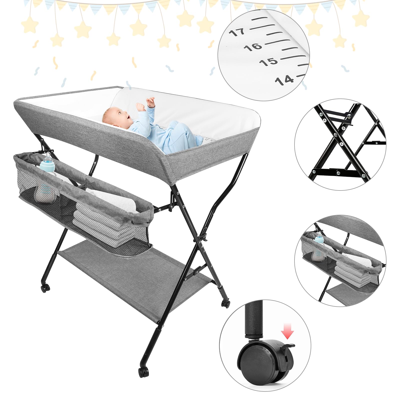 WODFARR - Mesa cambiador plegable con cesta de almacenamiento, mesa de pañuelos, plegable y portátil, tela de PVC+Oxford impermeable, ajuste de altura a 4 velocidades, B-gris