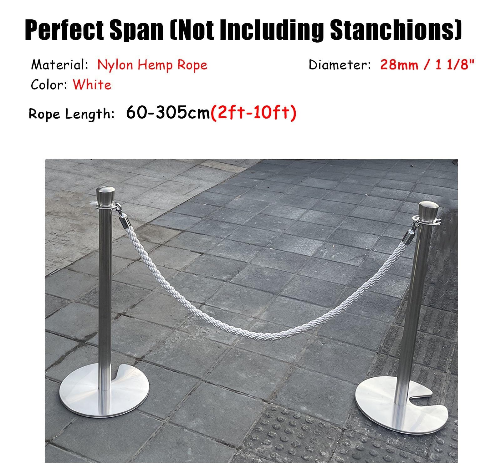 3 postes de cuerda trenzada blanca con mosquetones (0,6-3,05 m) for control de multitudes en eventos y recintos.(Silver Hook,210cm)