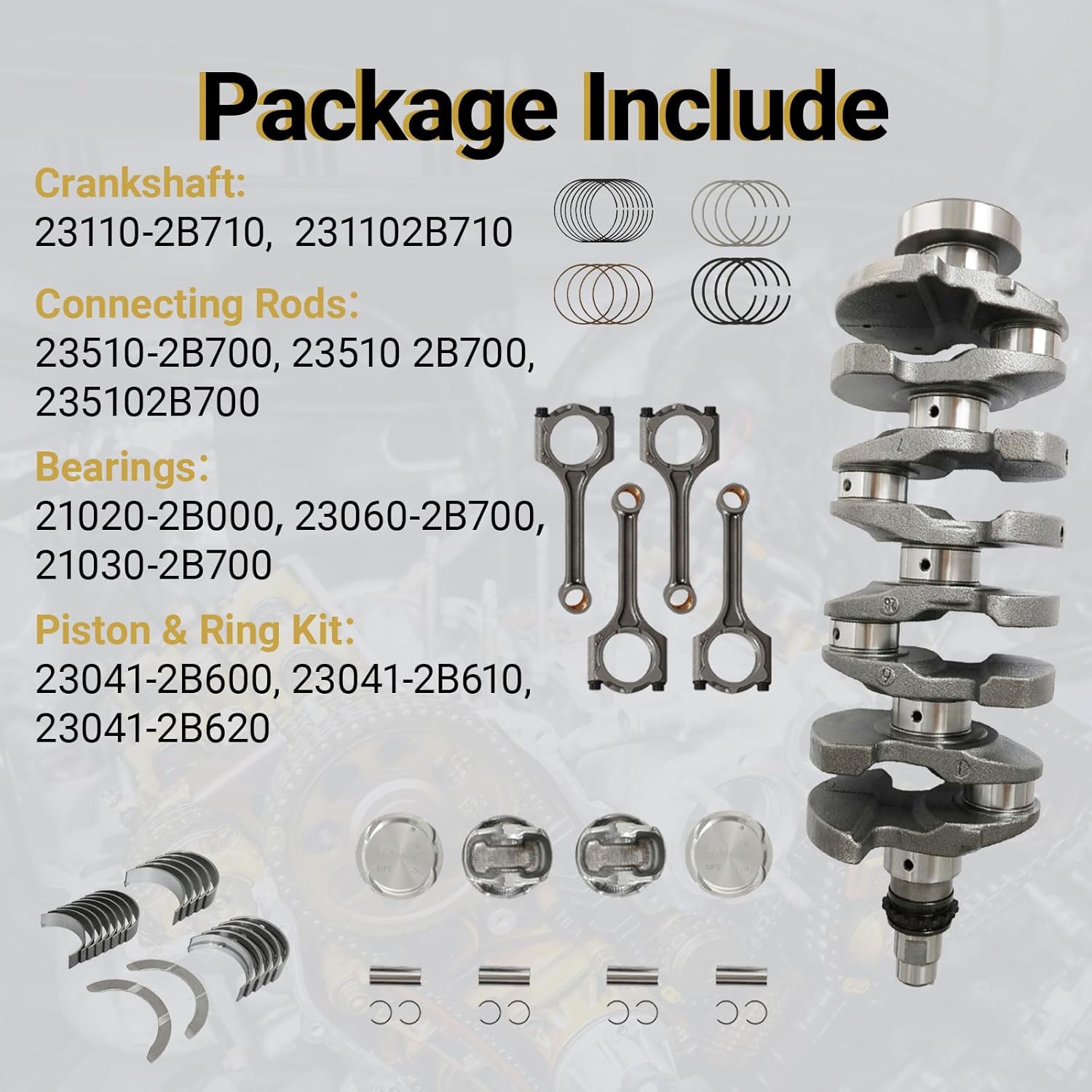 G4FJ 1.6 Engine Crankshaft Piston Connecting Rod Kit w/Bearings Fit For Hyundai Accent Sonata Verna Veloster Elantra Tucson Kia Forte Optima 1.6L 2011-2022 23110-2B710 235102B700