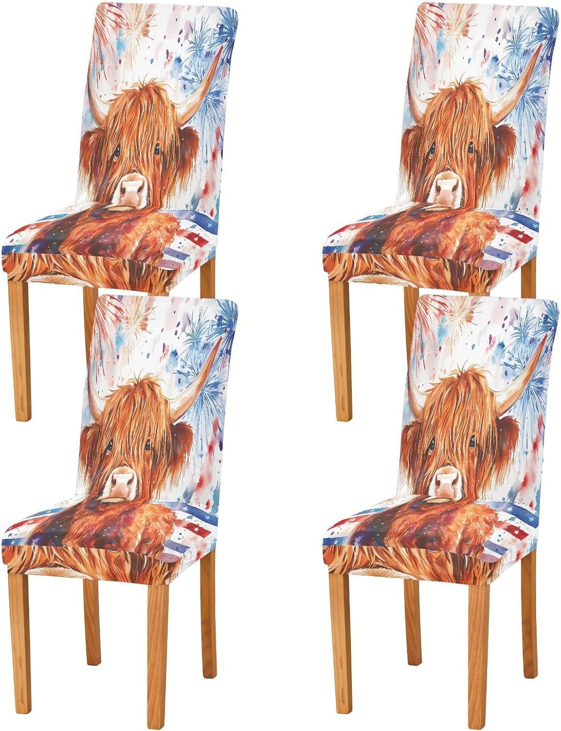 ALAZA Chair Covers for Dining Room, Highland Cattle Fireworks American Flag Stretch Chair Cover Sets Chair Protector Removable Washable for Ktichen Restaurant Hotel